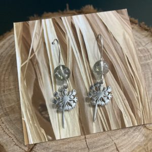Hand-made Dandy earrings, hanging from hand-formed Argentium Silver hooks, with gemstones. Displayed on The Raffia Kat gift card