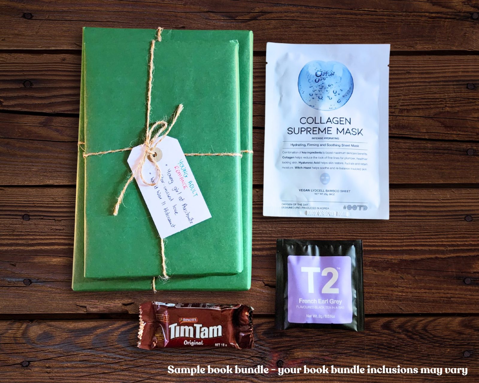 An image showing a gift wrapped book, a sheet mask, a TimTam and a tea packet